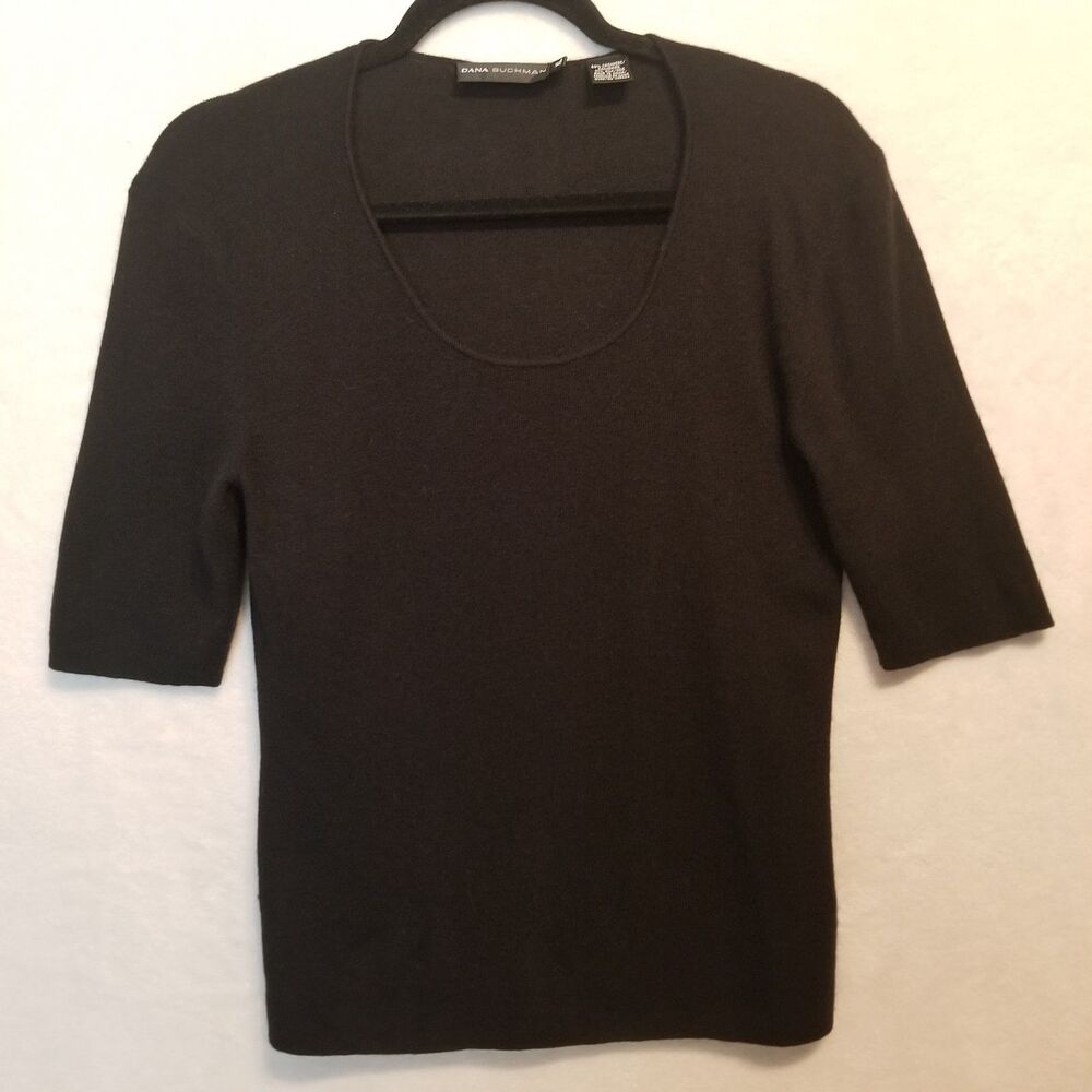 Dana Buchman XL Sweater Short Sleeve Cashmere Silk Black Elevated Basic Preppy